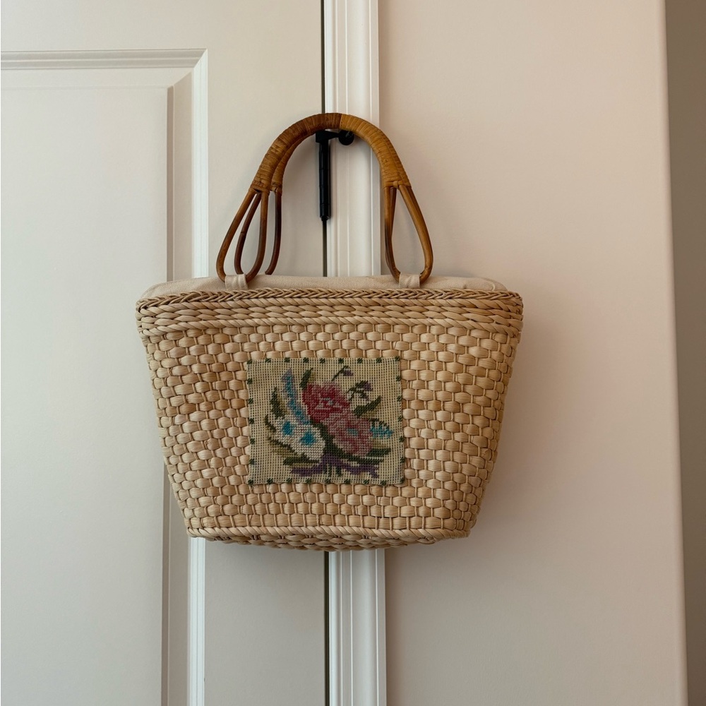 Woven Tan Basket Bag with Floral Design